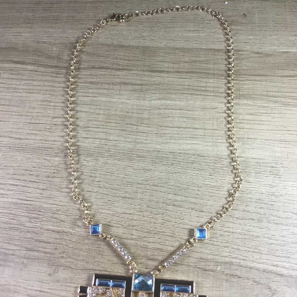 Bohemian Egyptian Elegant Blue and Gold Rhinestone Winged Statement Necklace - Picture 3 of 5